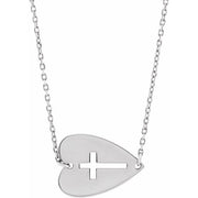 Sterling Silver Sideways Heart with Pierced Cross 18' Necklace