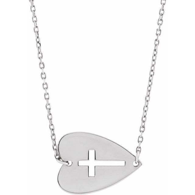 Sterling Silver Sideways Heart with Pierced Cross 18' Necklace