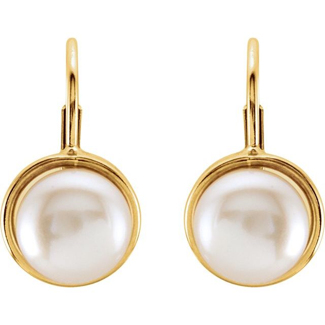 14K Yellow Cultured White Freshwater Pearl Lever Back Earrings