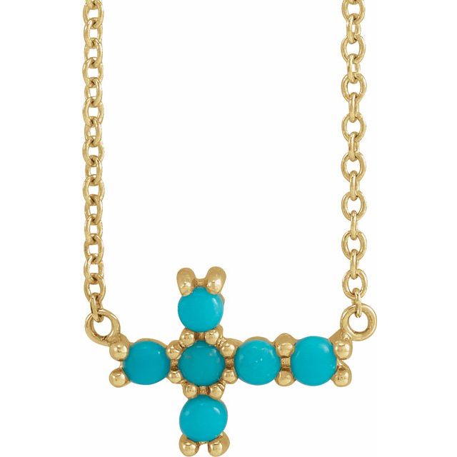 14K Yellow Natural Turquoise Sideways Cross 18' Necklace