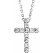 14K White .07 CTW Natural Diamond Beaded Cross 16-18' Necklace
