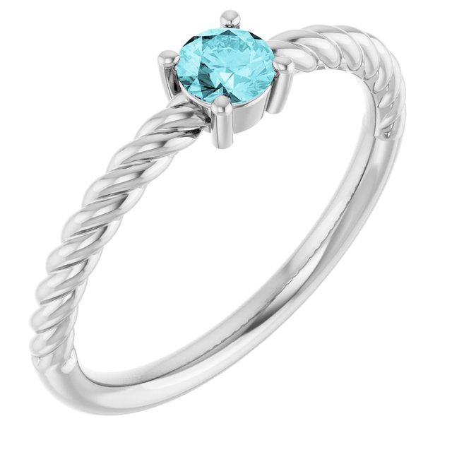 14k White 4 Mm Natural Blue Zircon Solitaire Rope Ring