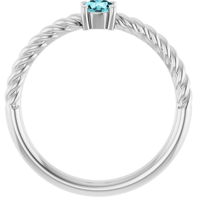 14k White 4 Mm Natural Blue Zircon Solitaire Rope Ring