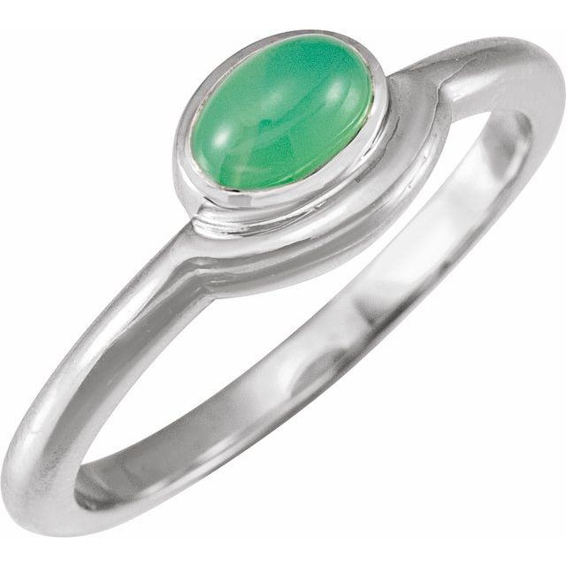 14K White Natural Green Chrysoprase Bezel-Set Cabochon Ring