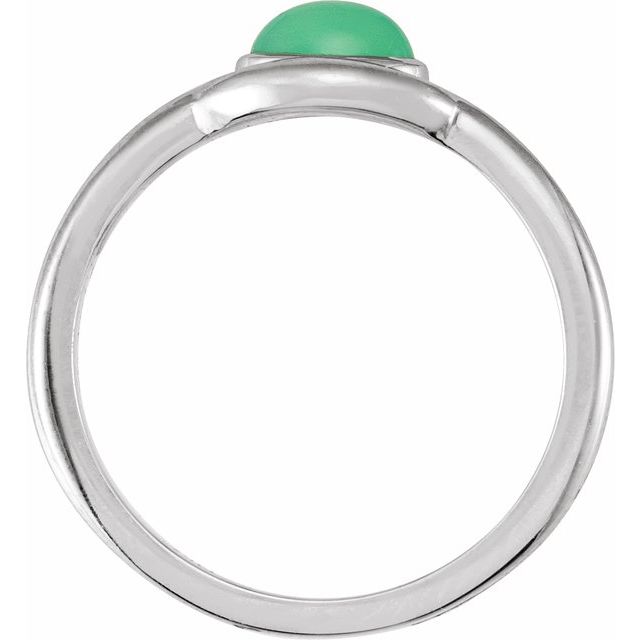 14K White Natural Green Chrysoprase Bezel-Set Cabochon Ring