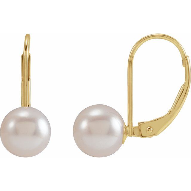 14K Yellow Cultured White Akoya Pearl Lever Back Earrings