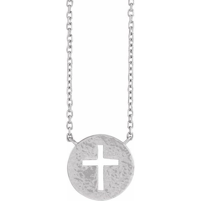 Sterling Silver Pierced Cross Hammered Disc 18' Necklace