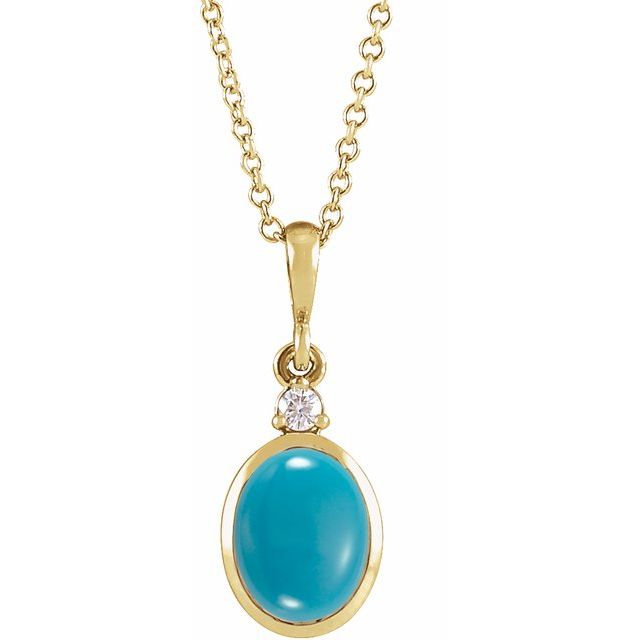 14K Yellow 8x6 mm Natural Turquoise & .03 CT Natural Diamond 16-18' Necklace
