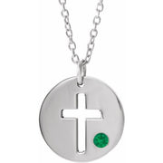 Sterling Silver Imitation Emerald Pierced Cross Disc 16-18' Necklace