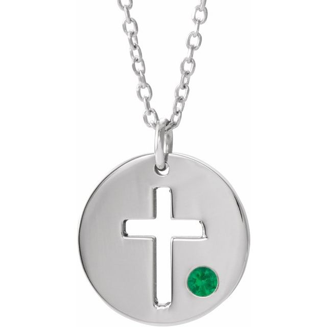 Sterling Silver Imitation Emerald Pierced Cross Disc 16-18' Necklace