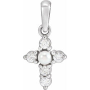 14K White Cultured White Seed Pearl & .07 CTW Natural Diamond Cross Pendant