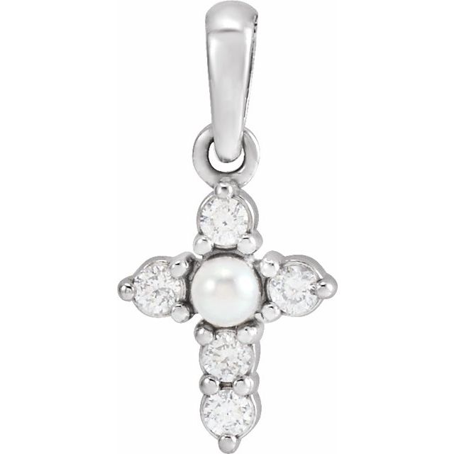 14K White Cultured White Seed Pearl & .07 CTW Natural Diamond Cross Pendant