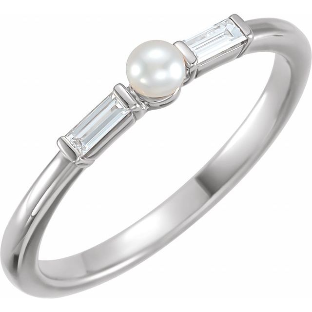 14K White Cultured White Seed Pearl & 1/8 CTW Natural Diamond Ring