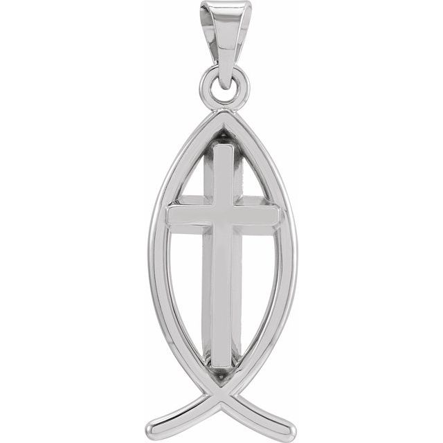 Sterling Silver 14x6 mm Fish with Cross Pendant