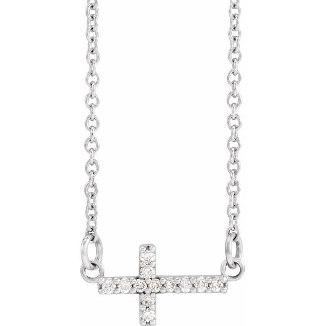 14K White .05 CTW Natural Diamond Sideways Cross 16-18' Necklace