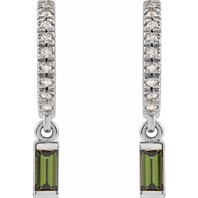 14K White Natural Green Tourmaline & .08 CTW Natural Diamond French-Set Hoop Earrings