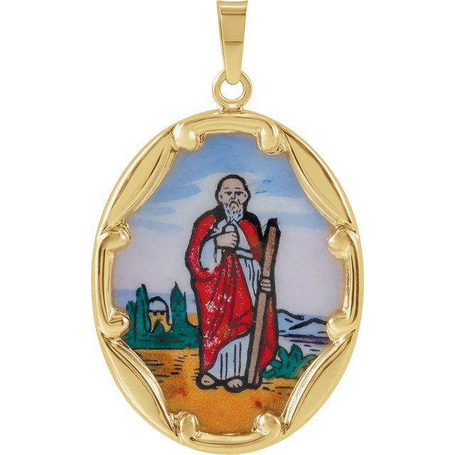 14k Yellow 25x19.5 Mm Oval Hand Painted Porcelain St. Jude Medal