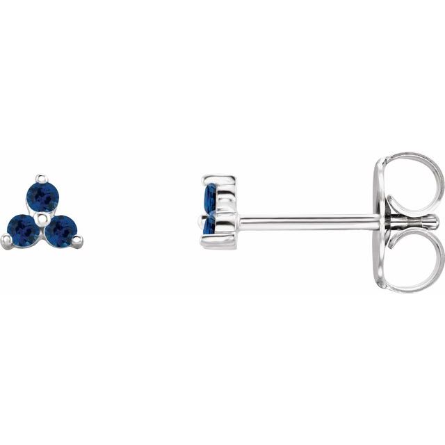 14K White Natural Blue Sapphire Three Stone Earrings