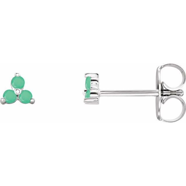 14K White Natural Chrysoprase Three Stone Earrings