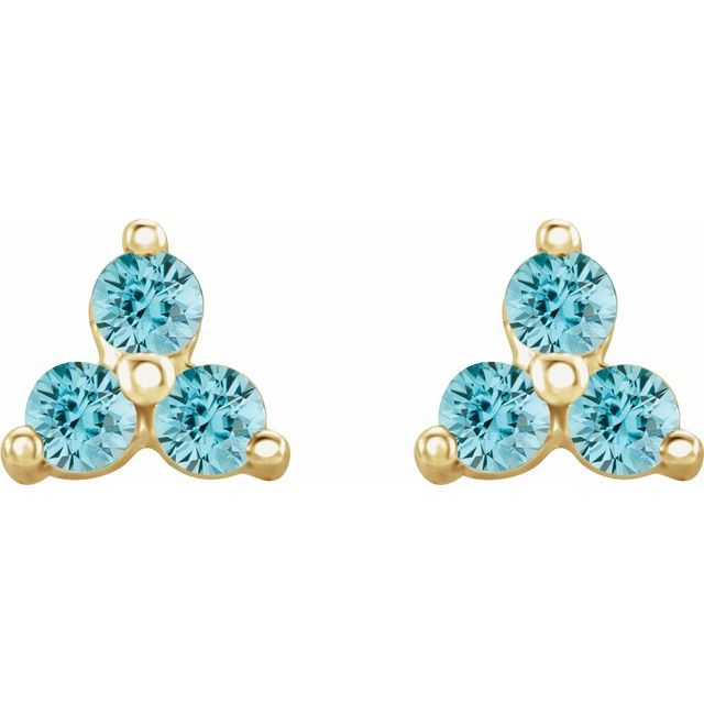 14K Yellow Natural Blue Zircon Three Stone Earrings