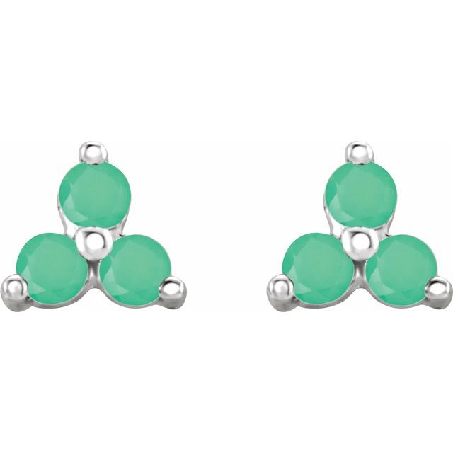 14K White Natural Chrysoprase Three Stone Earrings
