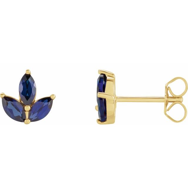 14K Yellow Natural Blue Sapphire Cluster Earrings