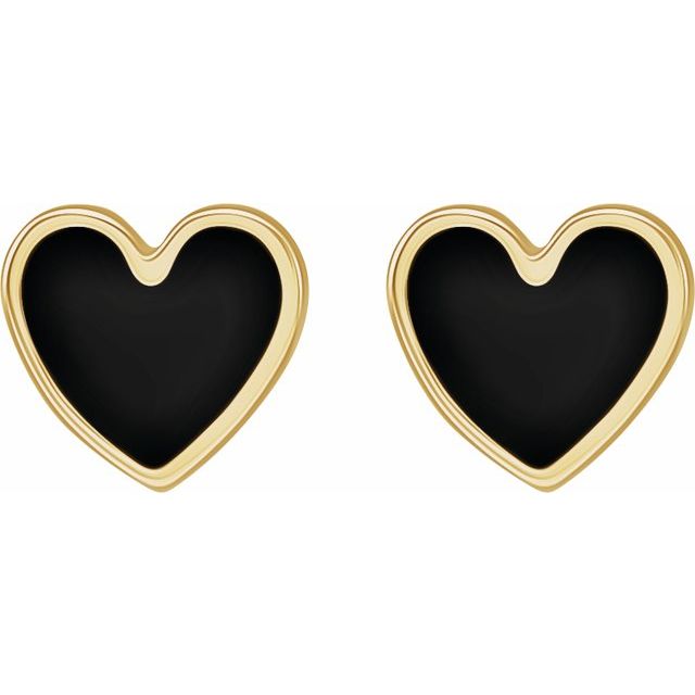 14K Yellow Black Enamel Heart Earrings