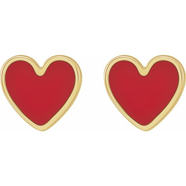 14K Yellow Red Enamel Heart Earrings