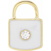 14K Yellow .035 CT Natural  Diamond & White Enamel Lock Charm/Pendant