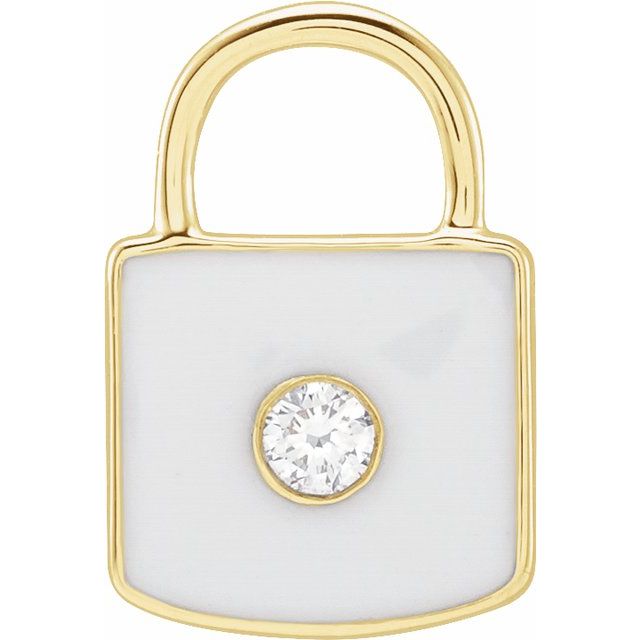 14K Yellow .035 CT Natural  Diamond & White Enamel Lock Charm/Pendant