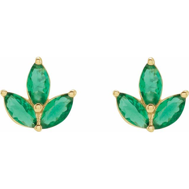 14K Yellow Natural Emerald Cluster Earrings