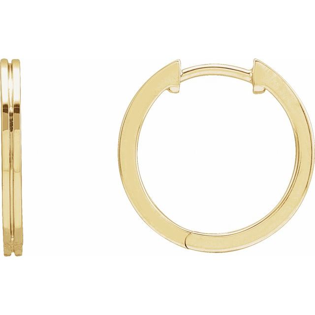 14K Yellow Grooved Hinged 15 mm Huggie Hoop Earrings