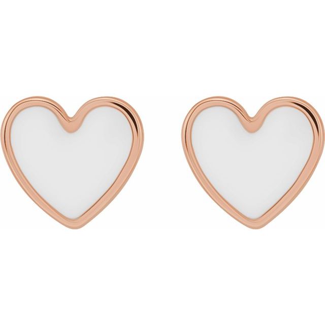14K Rose White Enamel Heart Earrings