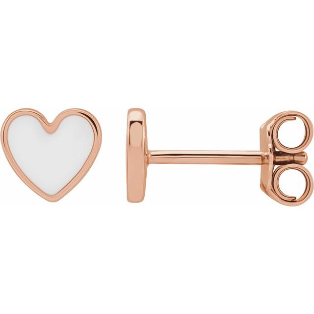 14K Rose White Enamel Heart Earrings