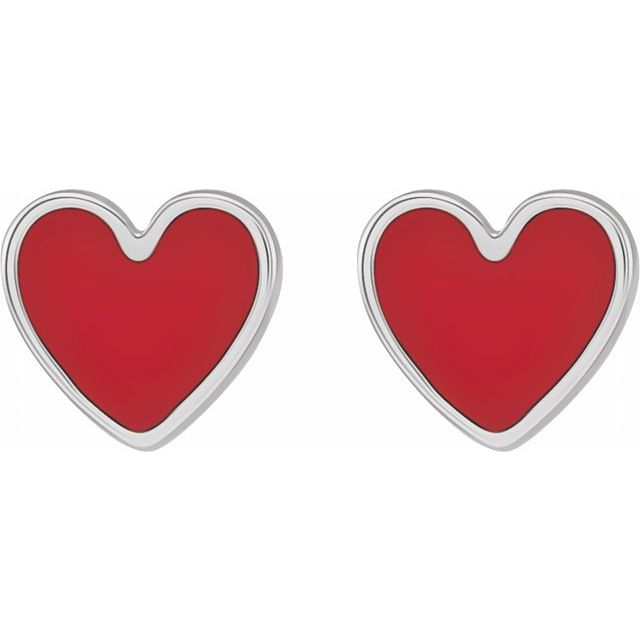 14K White Red Enamel Heart Earrings