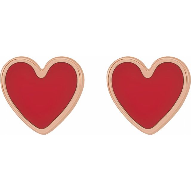 14K Rose Red Enamel Heart Earrings