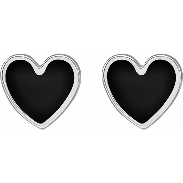 14K White Black Enamel Heart Earrings
