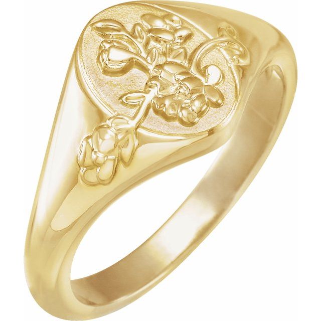 14K Yellow 10.1 mm Oval Floral Signet Ring