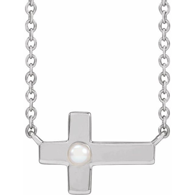 Sterling Silver Cultured White Seed Pearl Sideways Cross 16-18' Necklace