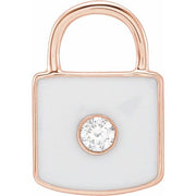 14K Rose .035 CT Natural  Diamond & White Enamel Lock Charm/Pendant