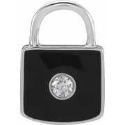 14K White .035 CT Natural  Diamond & Black Enamel Lock Charm/Pendant