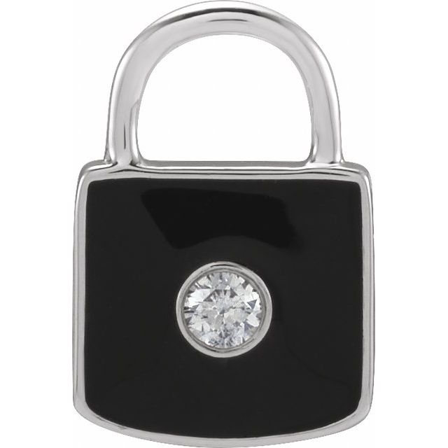 14K White .035 CT Natural  Diamond & Black Enamel Lock Charm/Pendant