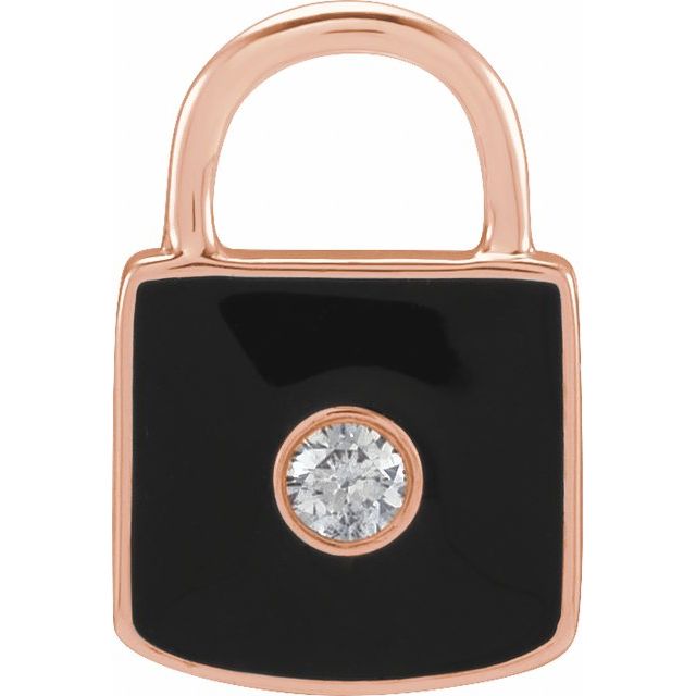 14K Rose .035 CT Natural  Diamond & Black Enamel Lock Charm/Pendant