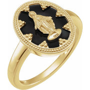 14K Yellow Oval Black Enamel Miraculous Medal Ring
