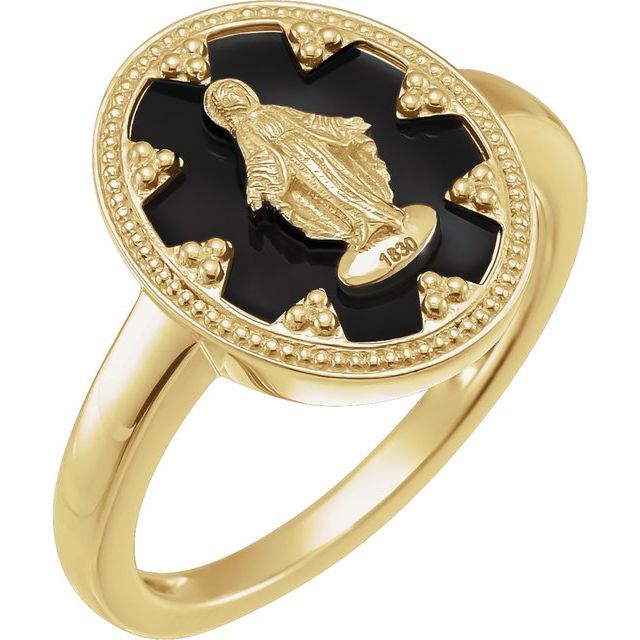 14K Yellow Oval Black Enamel Miraculous Medal Ring