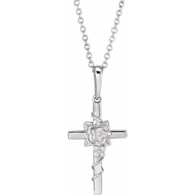Sterling Silver Floral Cross 16-18' Necklace