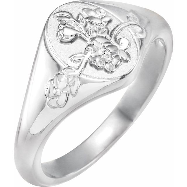Sterling Silver 10.1 mm Oval Floral Signet Ring