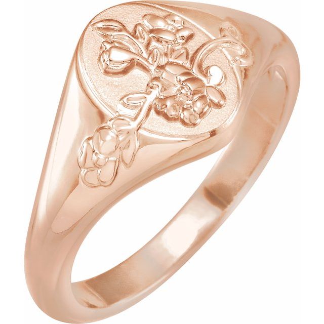 14K Rose 10.1 mm Oval Floral Signet Ring