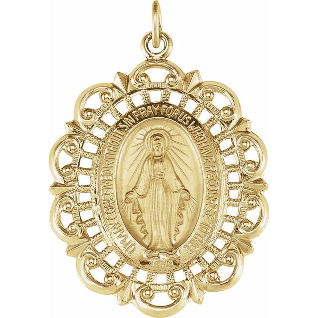 14K Yellow 32x23 mm Oval Filigree Miraculous Medal