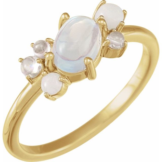 14K Yellow Natural Rainbow Moonstone & Multi-Gemstone Scattered Cabochon Ring